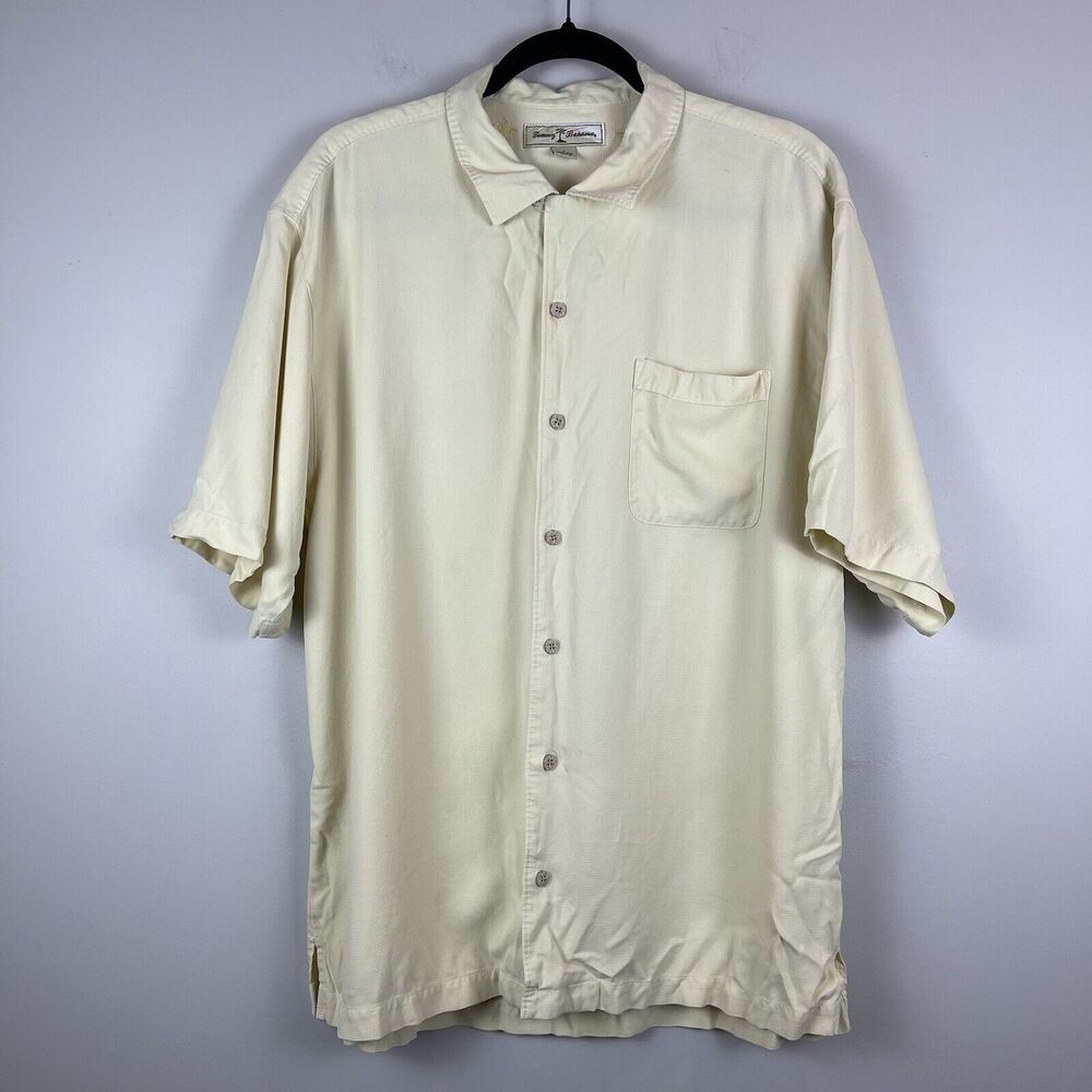 Tommy Bahama Silk‎ Hawaiian Camp Shirt Mens Large Yellow Vacation Resort Preppy